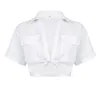 Koszulka damska damskie T-koszulki Kieszonkowe krótkie blaty Otwarte ściegie pępek eksponowany moda skręcona koszula solidny kolor kołnierzy bluzki dh8u9