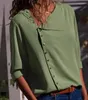 Moda botão irregular gola oblíqua blusa de manga comprida camisa feminina S-2XLpretoverdecinzaamarelorosabrancoazul 240117