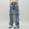 Women's Jeans High Street Old Washed Blue Multi-Pocket Jeans Men and Women Loose Straight Workwear Casual Long Pants Cargo Streetwear Trousersephemeralew