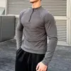 Men's T Shirts Sports Fitness Stretch Slim Fleece Tops Men Spring Long Sleeve Zipper O Neck Pullover T-shirts For Mens Clothes Casual Shirt