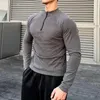 Homens camisetas Esportes Fitness Stretch Slim Fleece Tops Homens Primavera Manga Longa Zipper O Pescoço Pulôver Camisetas Para Roupas Masculinas Camisa Casual