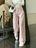 Pantalones de mujer de cintura alta con estampado de dibujos animados, pantalones de pierna ancha rectos holgados informales de estilo dulce callejero rosa para chica joven