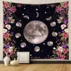 Tapissries Moon Tapestry Wall Hanging Boho Moonlit Plants Garden Starry Night Carpet Black Bakgrund Floral DecorvaiduryD