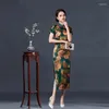 Etniska kläder 2024 Vintage Long Cheongsam Women Sexig Slim Split Qipao Classic Chinese Traditional Dress Print Flower Evening Party Party