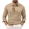 Chemises décontractées pour hommes Mode Automne Manches longues Revers Chemise de couleur unie Double poches