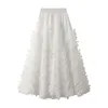 Jupes multicouches en maille tulle tutu pour femmes féecore doux taille haute plissée a-ligne jupe longue élégante gâteau de couleur unie