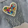 Femmes veste en jean courte manteau printemps perle diamants chaîne gland effiloché bavures ourlet demi manches femme jean Streetwear 240117