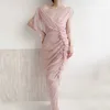 Casual Dresses 2024 Sweet Elegant Pink Mesh Voile V-Neck Irregular Pleated Dress Wedding Party Club