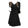 Casual Dresses Women V-Neck Dress Thick Warm A-Line Stylish Ribbed Sticked Mini för långärmad höst/vinter
