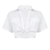 Koszulka damska damskie T-koszulki Kieszonkowe krótkie blaty Otwarte ściegie pępek eksponowany moda skręcona koszula solidny kolor kołnierzy bluzki dh8u9