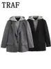 TRAF à capuche épissage Blazer femmes simple boutonnage bureau Blazer femme vestes à manches longues manteau automne vêtements de sortie d'hiver 240117