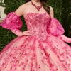 Robe De Quinceanera à manches bouffantes amovibles, rose vif, avec des appliques à lacets, robes De 15 Quinceanera, douces 16 robes de soirée florale