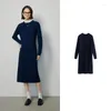 Sıradan Elbiseler Toyouth Kadınlar Elbise 2024 Bahar Uzun Kollu O boyun H şeklinde kontrast renk tasarım moda çok yönlü kraliyet mavisi orta uzunlukta