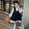 Vestidos de menina crianças retro lolita vestido de princesa 2024 moda manga longa damasco preto laço suspender define vestido de verão para