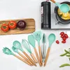 12st Silicone Cooking redskap Ställ in trähandtag Köksverktyg Nonstick Cookware Spatula Spade Egg Kitchen Eware Beaters 240117