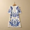 Women's Runway Dresses O Neck Short Sleeves Printed Beadeing Sequined Fashion High Street A Line Mini Vestidos