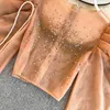 Sexy Rhinestone Women Organza Tops Puff sleeve Round neck Female Blouse Luxury Court style Crop tops Shirt Spring INKEO 9T058 240117