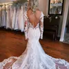 Luxury Mermaid Wedding Dress for Bride with Detachable Train Sheer Neck Long Sleeves Beaded Lace Tulle Bridal Gowns for Marriage Dresses Designers Gown NW067