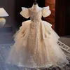 new Ball Gown Lace Girls Pageant Dresses Beaded Sheer Bateau Neck Flower Girl Dress crystals Sequined lace embroidery toddler girl First holy Communion Gowns