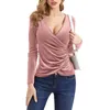 Camisas femininas de veludo de ouro boate magro t-shirts moda elegante sexy com decote em v manga longa irregular vestido de comprimento médio primavera outono