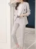 Women's Two Piece Pants Plaid Suit Set Women Spring 2024 Long Sleeve Button Up Slim Blazer High Waisted Straight Ankle Length