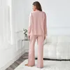 Printemps Automne Femme Pyjamas Ensemble Sexy Rose Dentelle Garniture Vêtements De Nuit À Manches Longues Pantalon Pijamas Costume Lâche Casual Satin Home Wear 240118