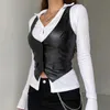 Y2K PU Leather Tank Top Retro Aesthetics Women's V-neck Sleeveless Button Top Dark Academic T-shirt 240118