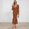 Casual Dresses Spring and Summer European American Women's Slim Temperament V-Neck Belt Print Long Fishtail kjol Hit