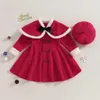 Giacche Bambini Neonate Vestito natalizio Manica lunga Patchwork Fiocco Chiusura con bottoni Giacca con cappello 2 pezzi