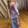 Casual jurken elegante vrouwen bloemenprint chiffon maxi jurk sexy v nek mesh doorzichtige mouw feest mode dame geplooid lang