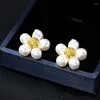 Boucles d'oreilles à tige fleur perle aiguille en argent 925 tempérament doux élégant cuivre plaqué or 18 carats