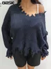 GIBSIE suéteres de talla grande con hombros descubiertos para mujer Otoño Invierno cuello en V manga larga suelto Casual dobladillo crudo jersey tejido 240117