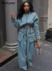 Denim Stand Collar Long Sleeve Jackets Crop Top and Pockets Wide Leg Cargo Pants Two Piece Set Women Street Loose Jeans Outfits 240117