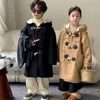 Casaco coreano outono inverno bebê menina de lã algodão veludo chifre botão outerwear solto sólido com capuz jaquetas da criança