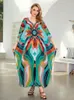 Casual Dresses Green Standed Printed Beach Dress for Women 2024 Bohemian Robe Kaftan Relaxed semester FREKEL MOO Outfit Q1638