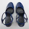 Sandaler Spring Summer Chunky klackar pumpar Patent läder runt tå sandalias de mujer mörkblå skor för kvinnor karriär zapatos