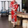 Etniska kläder Satin Women Dress Floral Print 3/4 ärmar High Side Split Qipao Classic Chinese Cheongsam för Slim Summer Spring