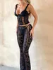 Pantalon Femme Femmes Sexy Dentelle See-Through Ensemble Noir Tie-Up Creux Camisole Avec Taille Basse Tenue Été Sheer