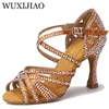 Latin dance shoes ladies silk satin shiny rhinestone Cuban high heels 9 cm salsa dance shoes 240117