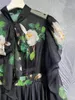 Sıradan elbiseler papyon zarif uzun elbise 2024 bahar moda tasarım kıyafetleri kadınlar yeşil yapraklar çiçek baskı kolu maxi xxl