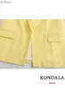 Abiti da donna Blazer KONDALA Office Lady Tinta unita in cotone giallo e lino Blazer da donna Tasche con scollo a V Giacche lunghe larghe Moda 2022 Elegante blazer femminileL240118