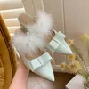 Sandalen Süße spitze Zehen Lady Furry Celebrity Lederpantoffeln Chunky Mid Heel Bow Decor High Heels Designer Party Prom