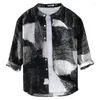 メンズカジュアルシャツ夏のチャイニーズスタイルカラーレスリネン3/4スリーブシャツゆるい特大ジャケットのための通気性