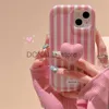 Casos de telefone celular coreano bonito cerâmica amor coração suporte rosa listras caixa de telefone para iphone 14 13 12 11 pro max adorável à prova de choque capa macia funda j240118