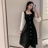 Casual Dresses Thin tyg midi klänning Elegant fyrkantig hals med knappdekor mesh lapptäcke för kvinnor a-line Löst fit fast färg