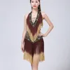 Stage Wear Land's Leopard Latin Dance Dress Salsa Tango Cha Modern Jazz Ballroom Flamenco Sexy Deep V-dion-Neck koronkowy fringe