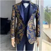 Herenkostuums Jacquard Bloemen Voor Heren Marineblauw En Goud Smoking Bruiloft Slim Fit Herenjasje Met Vest Broek 3-delig Herenkostuum