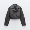 Feminino curto fazer velho efeito imitação de couro jaqueta de motocicleta lavado casaco de couro cinza feminino 240117
