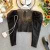 Sexy Rhinestone Women Organza Tops Puff sleeve Round neck Female Blouse Luxury Court style Crop tops Shirt Spring INKEO 9T058 240117