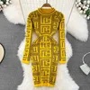 Casual Dresses Winter Fashion Women Geometric Standing Neck Pullover Knitted Dress Ladies Jacquard Wrapped Hip